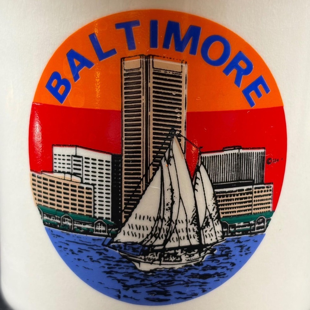 Vintage Baltimore Inner Harbor Souvenir Mug Ceramic Gold Rim 1980s Skyline